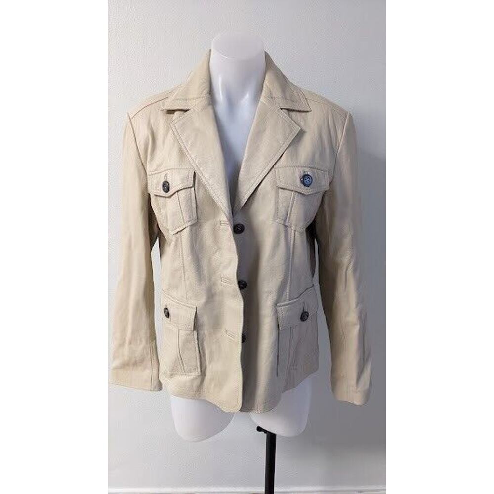 Chicos Womens Size 1 Leather Moto Jacket Tan Button Up Pockets - Picture 2 of 6